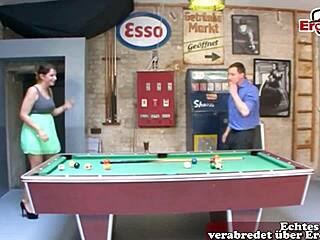 The german curvy chubby slut with big tits engages in roleplay fucking on the billiard table