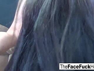 Tiny latina babe endures rough face fucking and blowjob. Hardcore cumshot on her slutty face.