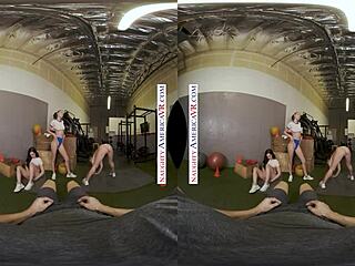 naughty america babes kyler quinn and paige owens tag team a gym stud, licking and teasing