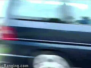 busty girl gets banged in public gangbang threesome by busy highway