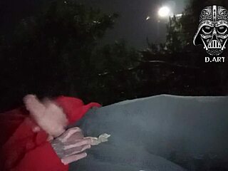 In the garden, a dominant figure with a huge cock invites you to drink his hot cum from the toilet