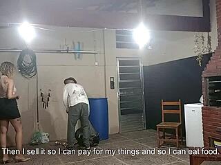 Dirty beggar gets lucky with a blonde lady while collecting recyclables