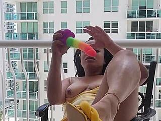 My pussy sprays like a super soaker on the balcony