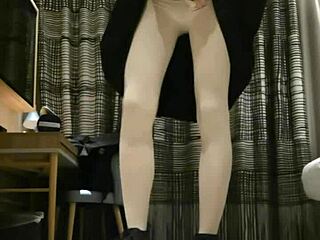 tranny femboy jerks off in black dress with huge cumshot