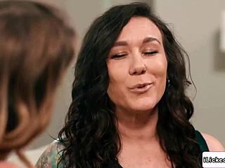 lesbian milf has redhead petite neighbor licking her shaved pussy passionately