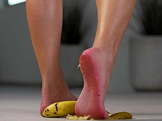 Watch this petite girl crush fruits with her high heels!