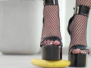 Watch this petite girl crush fruits with her high heels!