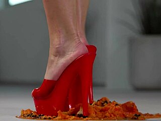 Watch this petite girl crush fruits with her high heels!