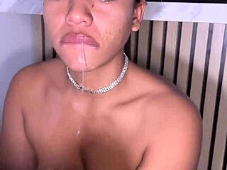 He cums early while sucking every inch of his huge cock