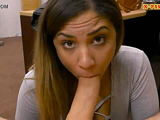 Hot babe blows pawn keeper's monster cock