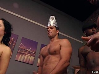 Hairy beauty endures interracial gangbang with monster cocks