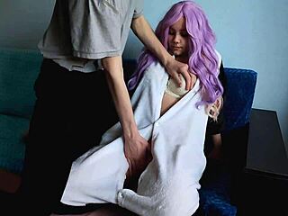 Cute purple-haired girl amazed by my huge shaft