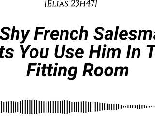 Shy French salesman pulled into fitting room for oral and riding