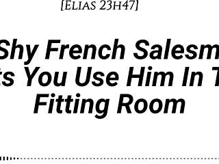 Shy French salesman pulled into fitting room for oral and riding