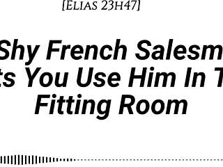 Shy French salesman pulled into fitting room for oral and riding