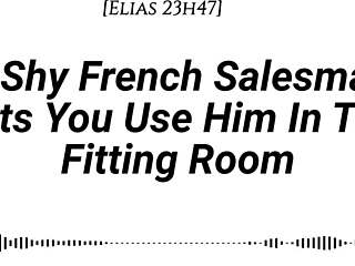Shy French salesman pulled into fitting room for oral and riding
