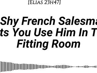 Shy French salesman pulled into fitting room for oral and riding