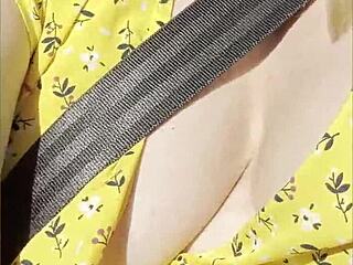 Wifey flashes perfect big tits while driving homemade outdoor part 2