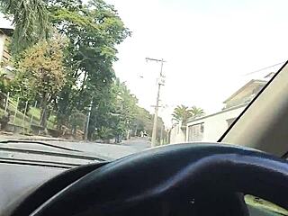 Playing with huge cock in public car.