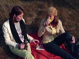 Two Brunette Friends Fuck With Strapon Outdoors