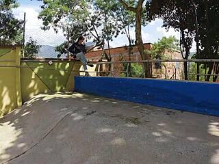 Tall Colombian Guy Teaches Petite 18+ Latina Cardio with Outdoor Monster Cock Action