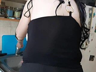 while my stepmom is cooking dinner in the kitchen, my girlfriend licks my pussy to orgasm in homemade lesbian action.