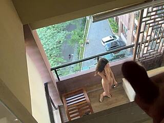 Neighbor peeps at me naked on balcony, I offer anal 😏