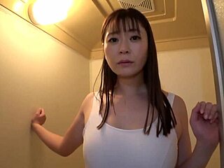 Japanese busty MILF in uniform cosplay, huge ass and long hair teasing in underwear.