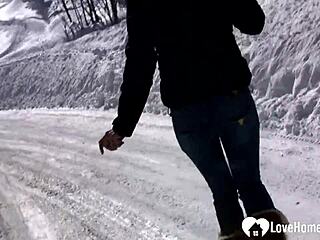 hot stepmom shows tits and pees in snow