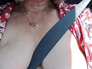 Housewife flashes tits while riding!