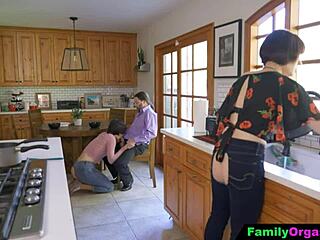 Old Man Bangs Daring Step Daughter and Wife in Kitchen Fantasy Fuck