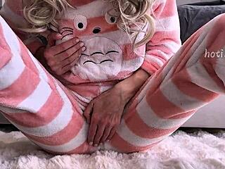 Skinny Teen in Pajama Explores Sensations Close-Up