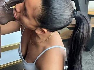 Amateur couple enjoys huge cock deepthroat and cumshot