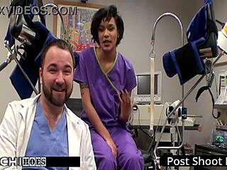 freshman jackie banes gets a mandatory hitachi orgasm from the nurse with gloves and tattoos