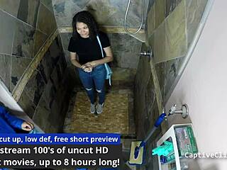 Michelle Anderson is handcuffed backstage. She spreads her big ass and tits in a humiliating scene.