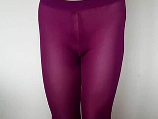 subtle cum tease on sexy burgundy leggings in latest update