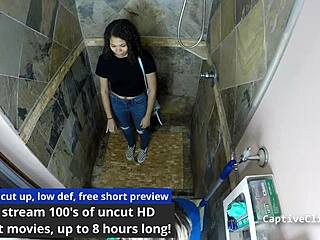 Michelle Anderson is handcuffed backstage. She spreads her big ass and tits in a humiliating scene.