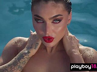 Smoking hot naked brunette babe Emjay Rinaudo is in her element by the pool