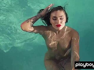 Smoking hot naked brunette babe Emjay Rinaudo is in her element by the pool