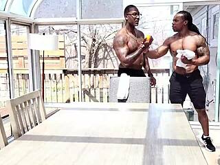 two ripped studs claim ebony queen lyric sky's face with cumshot.