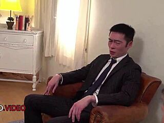 Passionate Japanese Girl Gives Blowjob To Two Stiff Dicks Simultaneously