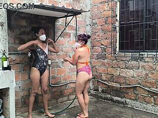 Watch neighbors shower together, spraying water and getting so excited!