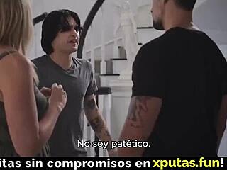 Two guys interact with a hot blonde spanish sub