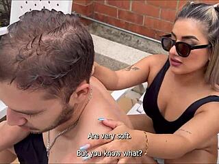 Petite teen Naty Delgado seduces stepbrother at pool, invites him home for taboo fucking in living room.