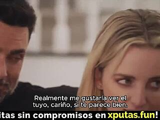 Two guys interact with a hot blonde spanish sub