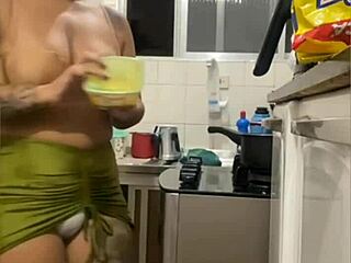 She's Doing Live in the Kitchen, Wearing Mini Skirt, Flashing Her Swollen Pussy