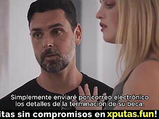 Two guys interact with a hot blonde spanish sub