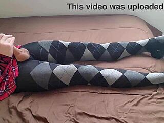 Shemale Jerking Off In Plaid Dress And Argyle Tights