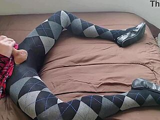 Shemale Jerking Off In Plaid Dress And Argyle Tights