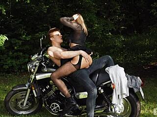 Biker Fucks Girlfriend On Motorcycle Outdoors